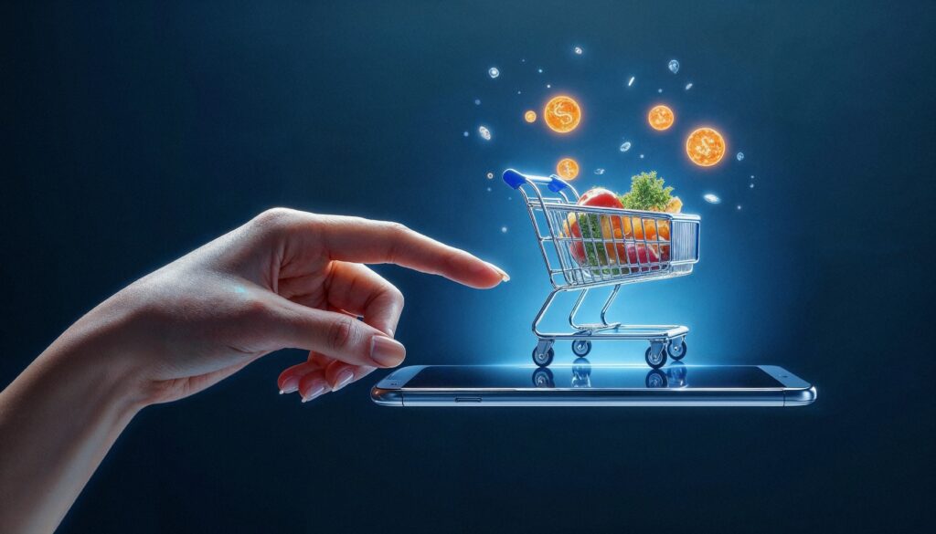 Mãos simulando o clique em um carrinho de compras de um site de e-commerce
