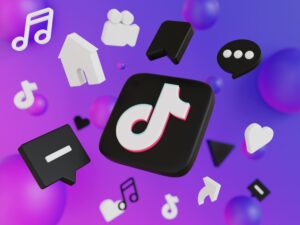 ícone do Tiktok flutuando com outros ícones e símbolos
